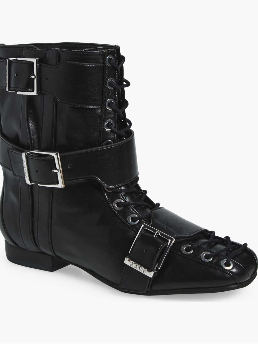 Ganni Black Lace-Up Buckle Combat Boots